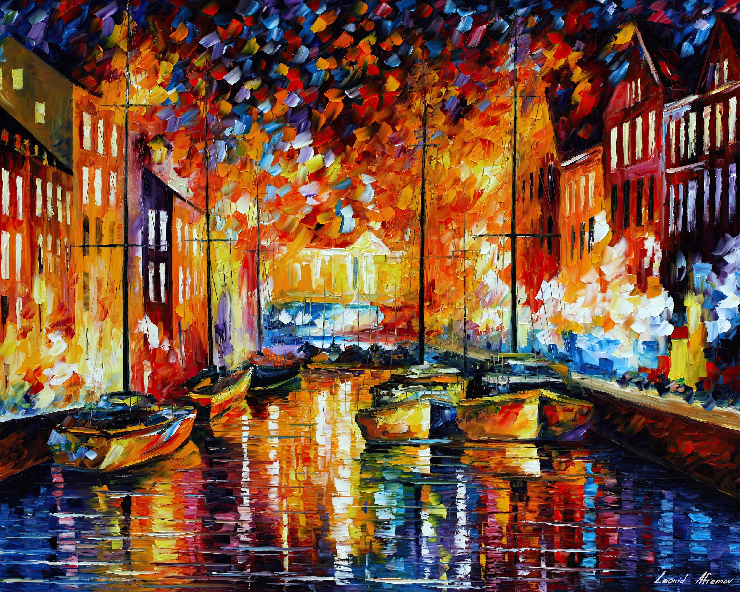 COPENHAGEN'S HARBOR BOATS - ORIGINAL OIL PAINTING