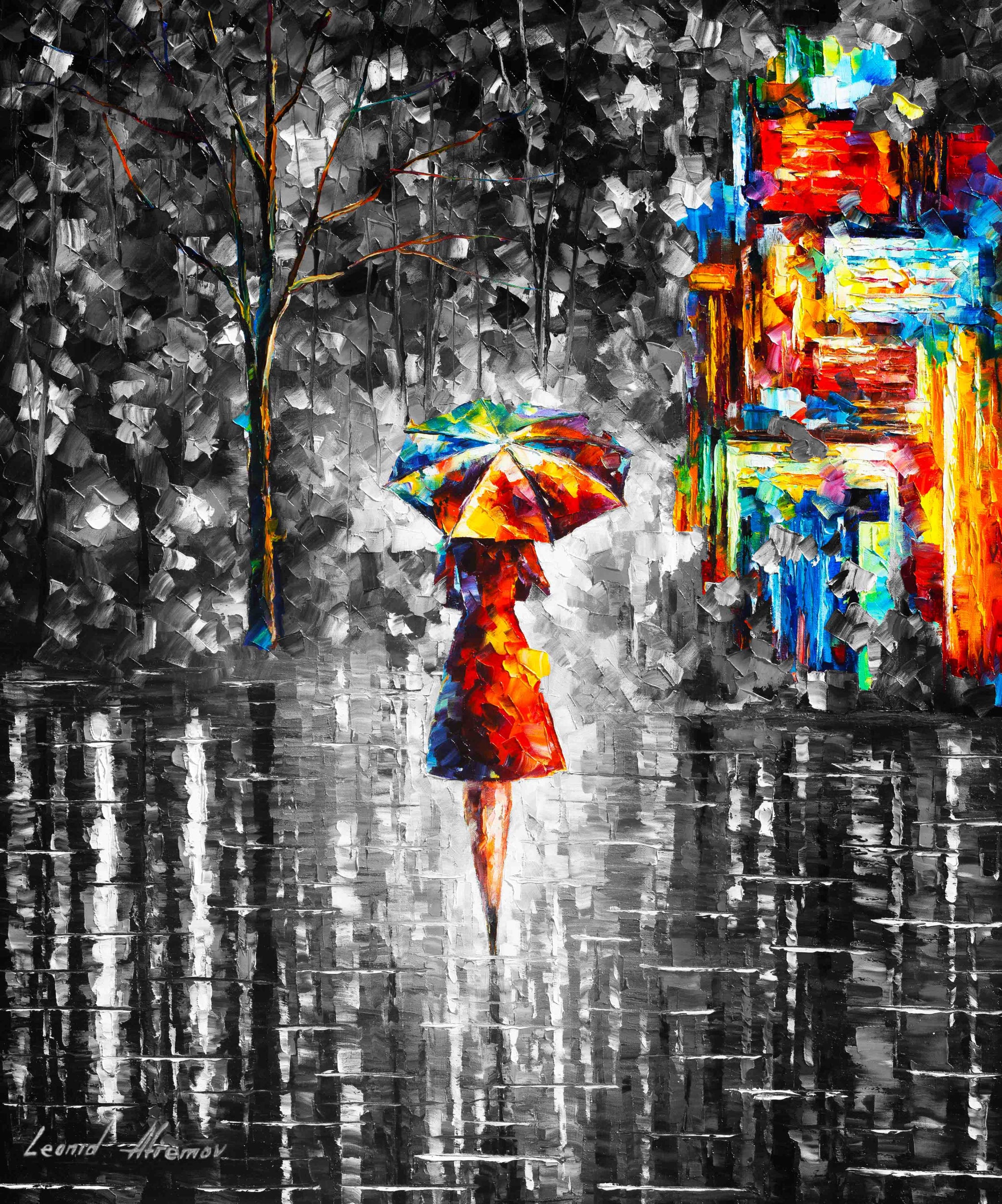 RAIN PRINCESS WITH UMBRELLA B&W - ORIGINAL OIL PAINTING