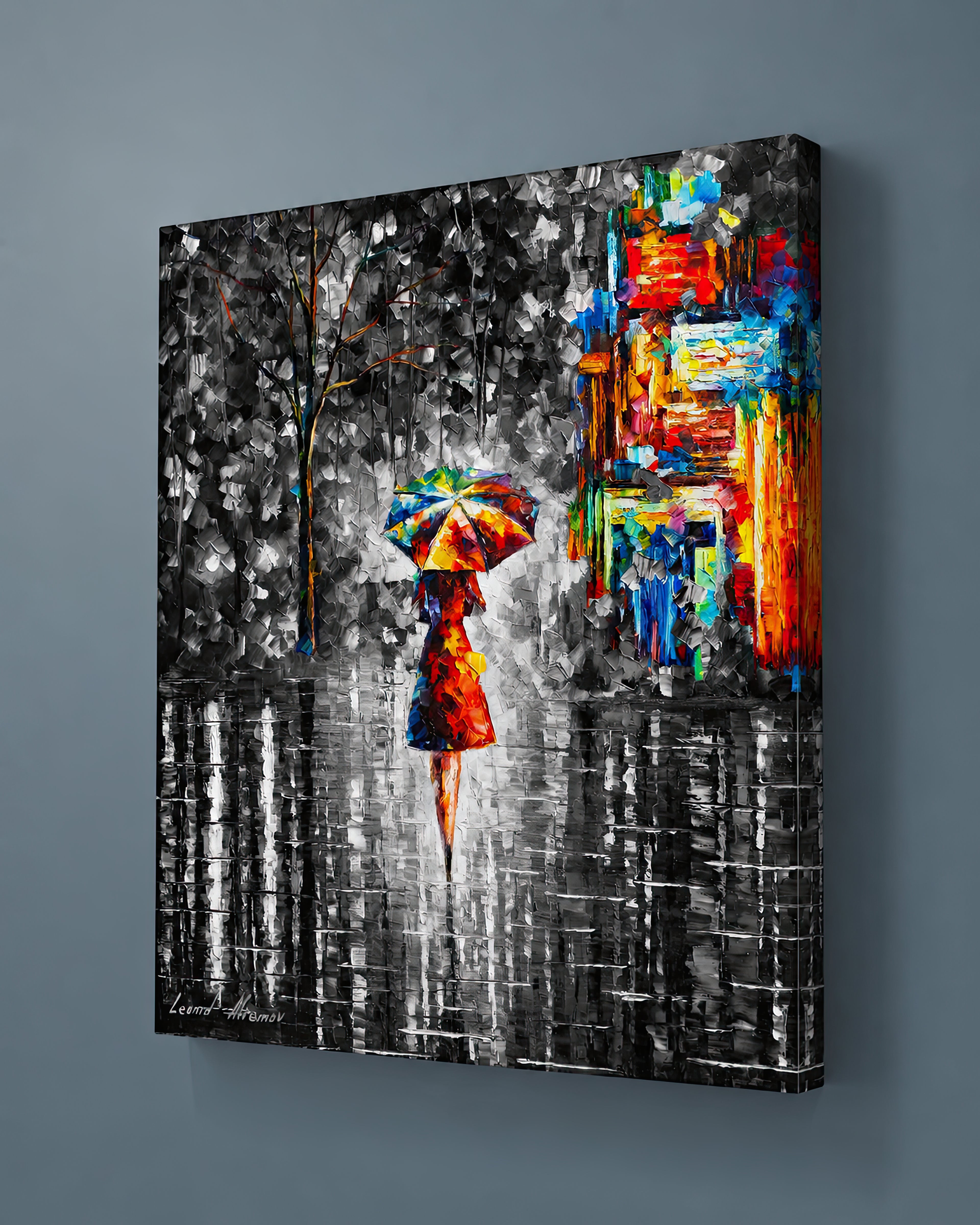RAIN PRINCESS WITH UMBRELLA B&W - ORIGINAL OIL PAINTING