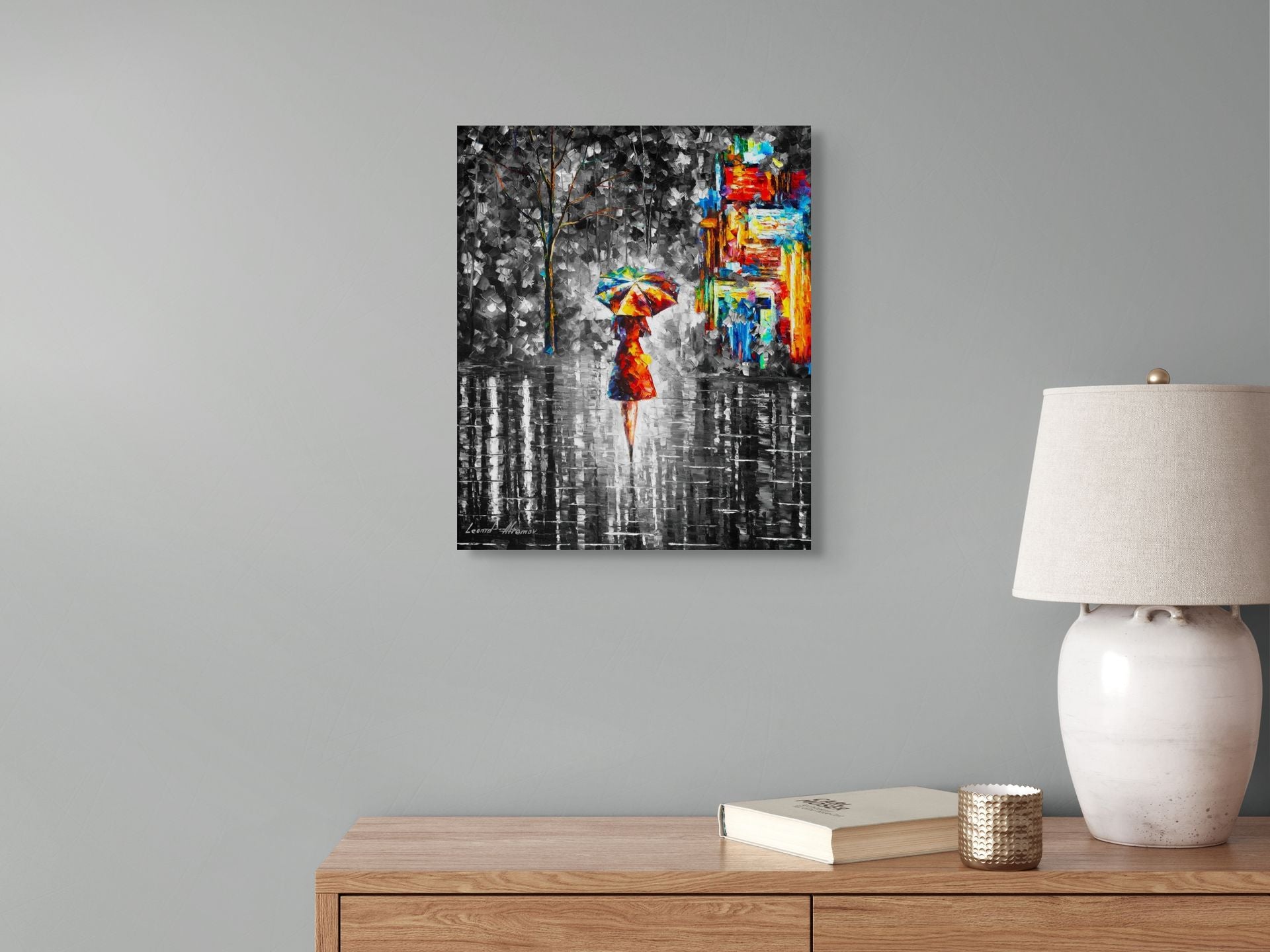 RAIN PRINCESS WITH UMBRELLA B&W - ORIGINAL OIL PAINTING