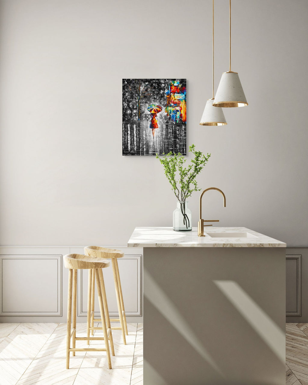 RAIN PRINCESS WITH UMBRELLA B&W - ORIGINAL OIL PAINTING