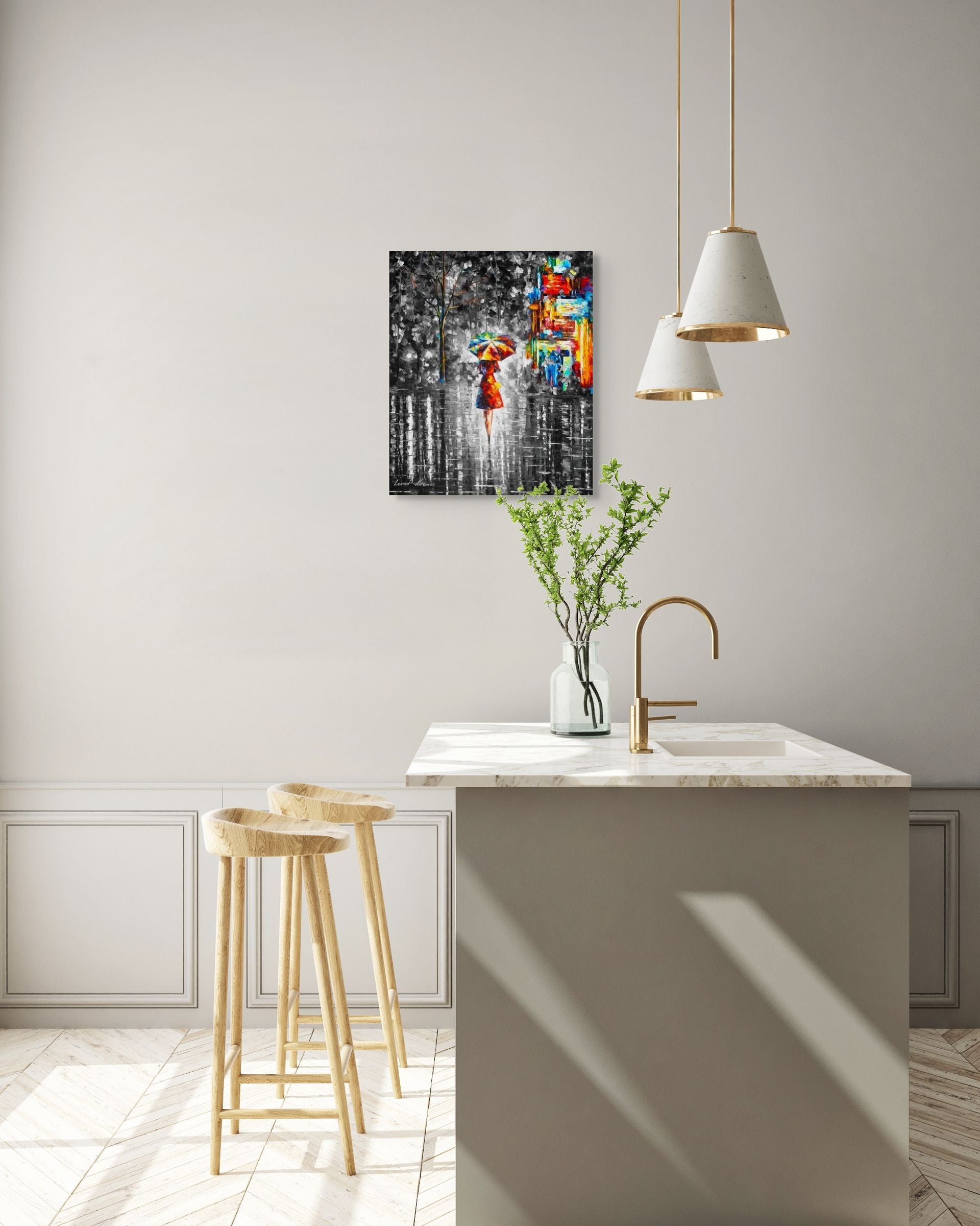 RAIN PRINCESS WITH UMBRELLA B&W - ORIGINAL OIL PAINTING