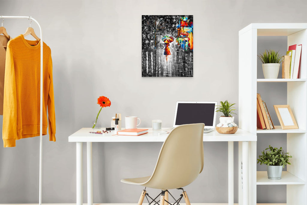 RAIN PRINCESS WITH UMBRELLA B&W - ORIGINAL OIL PAINTING
